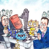 На карикатуре из британского издания «Экономист» от июля 2014 г.: Премьер-министр Великобритании Дэвид Кэмерон (David Cameron) и тогдашний главный министр Шотландии и лидер Шотландской Национальной партии, выступающей за независимость Шотландии – SNP Алекс Салмонд (Alex Salmond, слева) ведут «шахматную партию» незадолго до референдума о шотландской независимости 2014 г.. Среди предметов торга бочка с шотландской нефтью.