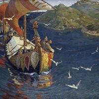 Картина «Заморские гости», изображающая варягов, известного русского художника Николая Рериха (годы жизни: 1874-1947). Картина была написана в 1901 г., хранится ныне в Третьяковской галерее в Москве. Этой картиной цитируемое здесь издание «Все, что вы хотели знать о Швеции», выпущенное в 2000 г. для заграницы на русском языке «Шведским институтом» (Svenska institutet), ), «государственным шведским учреждением, стимулирующим интерес и доверие к Швеции в мире», проиллюстрировало также раздел о взаимоотношениях древних шведов-скандинавов и славян.