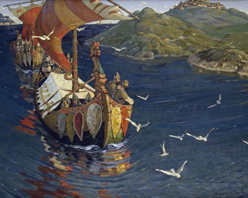 Картина «Заморские гости», изображающая варягов, известного русского художника Николая Рериха (годы жизни: 1874-1947). Картина была написана в 1901 г., хранится ныне в Третьяковской галерее в Москве. Этой картиной цитируемое здесь издание «Все, что вы хотели знать о Швеции», выпущенное в 2000 г. для заграницы на русском языке «Шведским институтом» (Svenska institutet), ), «государственным шведским учреждением, стимулирующим интерес и доверие к Швеции в мире», проиллюстрировало также раздел о взаимоотношениях древних шведов-скандинавов и славян.